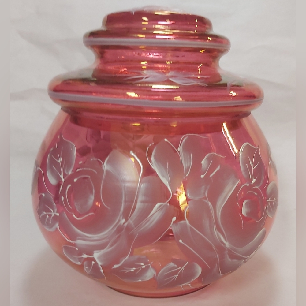 Cranberry gold luster hand painted jar